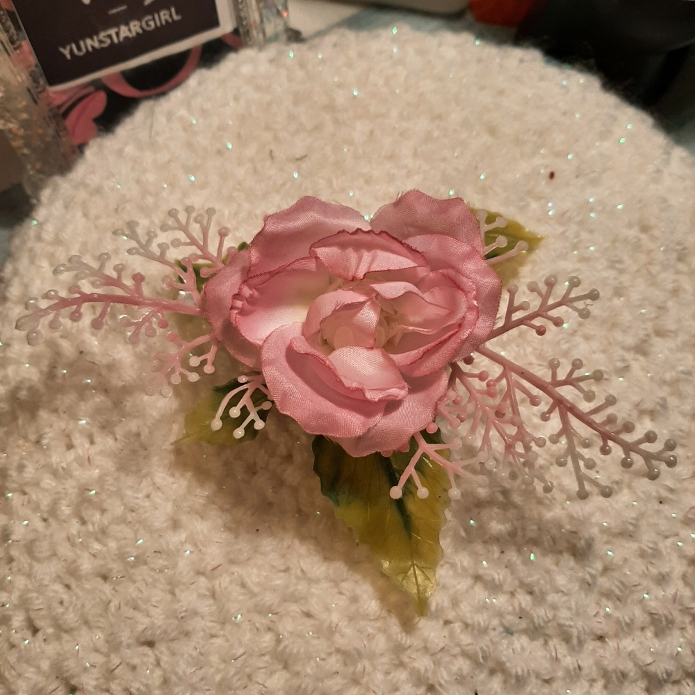 Vintage Pink Rose Flower plastic 1980s Made in Hong Kong Package cake topper New